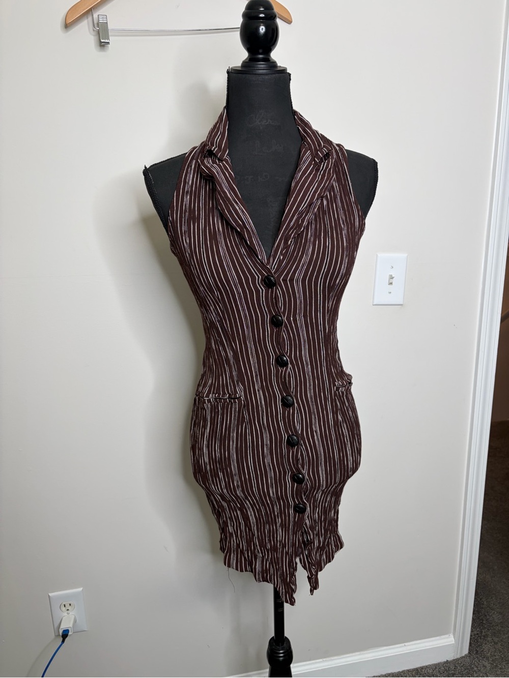 Y2K vintage Sleeveless collared Brown Pinstripe Button-Front Dress tied back